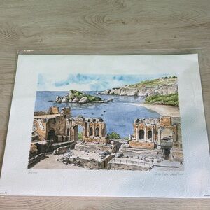 Scenic Coastal Water Color Print of Taormina Sicily